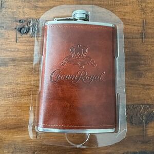 Crown Royal Stainless Steel 8 oz Flask Brown Leather Embossed Logo
